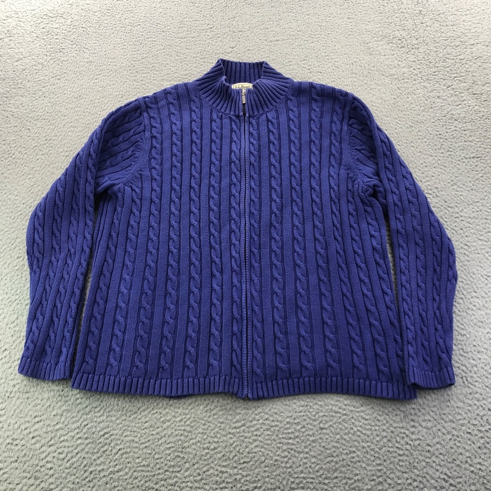 Vtg LL Bean Sweater Womens XL Purple Cable Knit Zip Cardigan Cabincore Fisherman